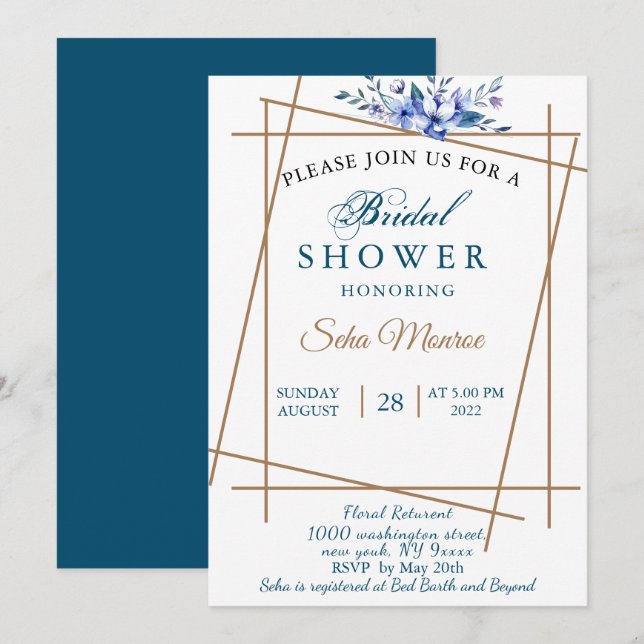 Navy blue watercolor wet floral bridal showeer invitation (Front/Back)