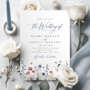 Navy Blue Watercolor Wildflower Field Wedding Invitation