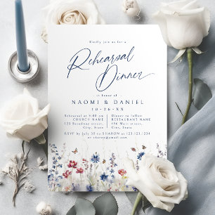 Navy Blue Watercolor Wildflower Rehearsal Dinner Invitation