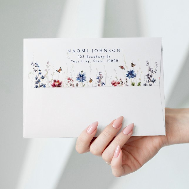 Navy Blue Watercolor Wildflower Rustic Wedding Envelope (Navy Blue Watercolor Wildflower Rustic Wedding Envelope)