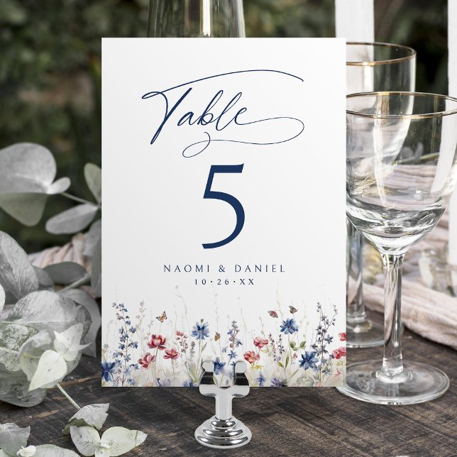 Navy Blue Watercolor Wildflower Rustic Wedding Table Number (Navy Blue Watercolor Wildflower Rustic Wedding Table Number)