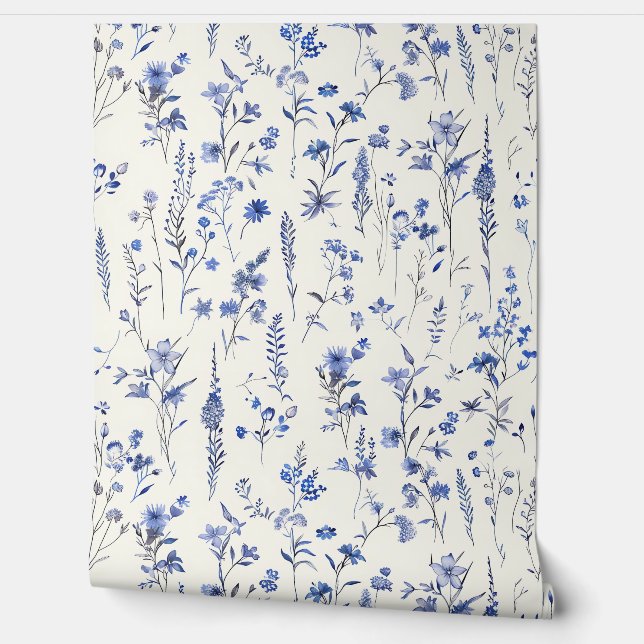 Navy Blue Watercolor Wildflowers and Herbs Wallpaper (Unrolling)