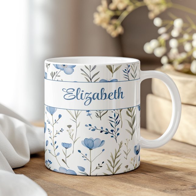 Navy Blue Watercolor Wildflowers Poppy Custom Name Coffee Mug (Navy Blue Watercolor Wildflowers Poppy Custom Name Coffee Mug on a boho wooden table.)