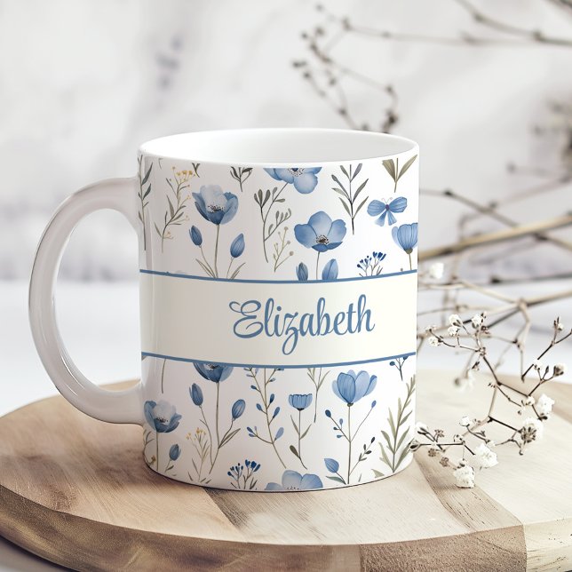 Navy Blue Watercolor Wildflowers Poppy Script Name Coffee Mug (Navy Blue Watercolor Wildflowers Poppy Script Name Coffee Mug on a boho wooden kitchen table.)