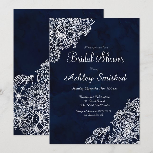 Navy blue watercolor winter floral Bridal shower Invitation (Front/Back)