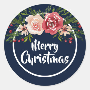 Navy Blue Watercolor Winter Floral Merry Christmas Classic Round Sticker