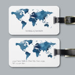 Navy Blue Watercolor World Map Personalised Luggage Tag<br><div class="desc">A modern,  personalised luggage tag featuring a watercolour world map in navy blue. The design is on both sides of the luggage tag and you can easily customise with your name and contact details.</div>