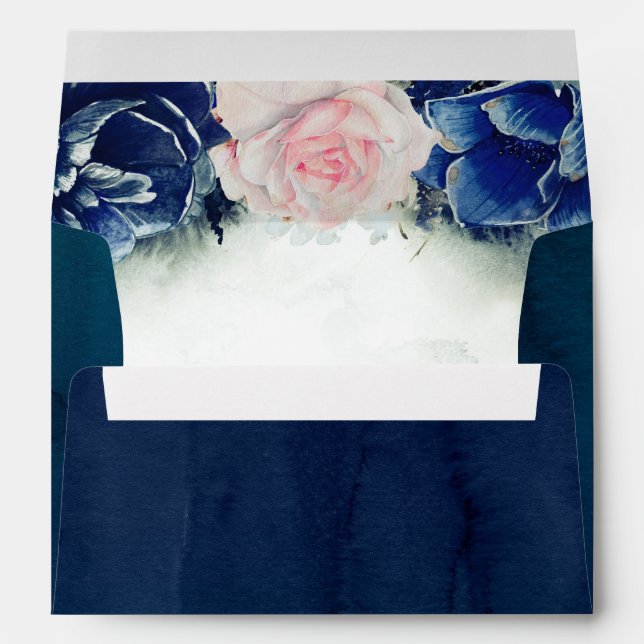 Navy Blue Watercolors and Pink Rose Elegant Modern Envelope (Back (Bottom))