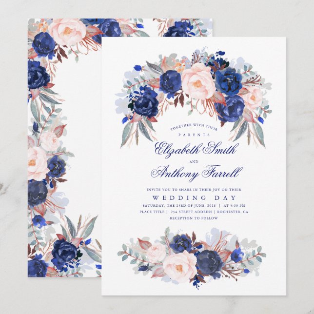 Navy Blue Watercolors - Floral Elegant Wedding Invitation (Front/Back)