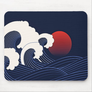 Navy Blue Wave with Red Moon  Mouse Mat