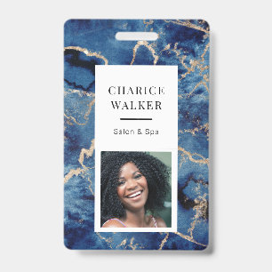 Navy Blue Waves Coastal Gold Salon Photo Name ID Badge
