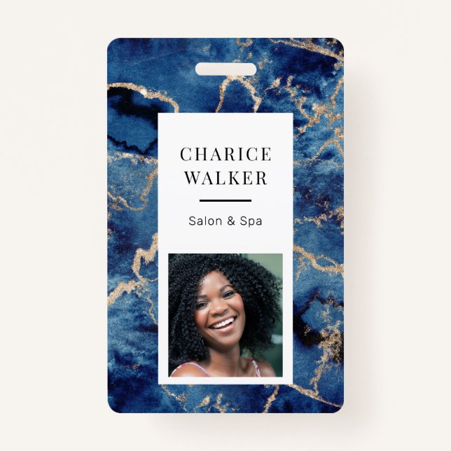 navy blue waves coastal gold salon photo name ID badge (Front)