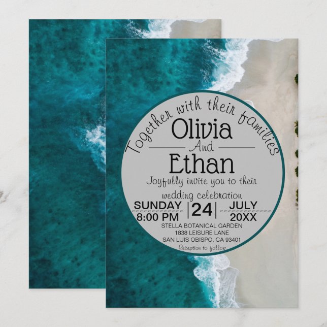 Navy blue waves coastal Wedding Invitation (Front/Back)