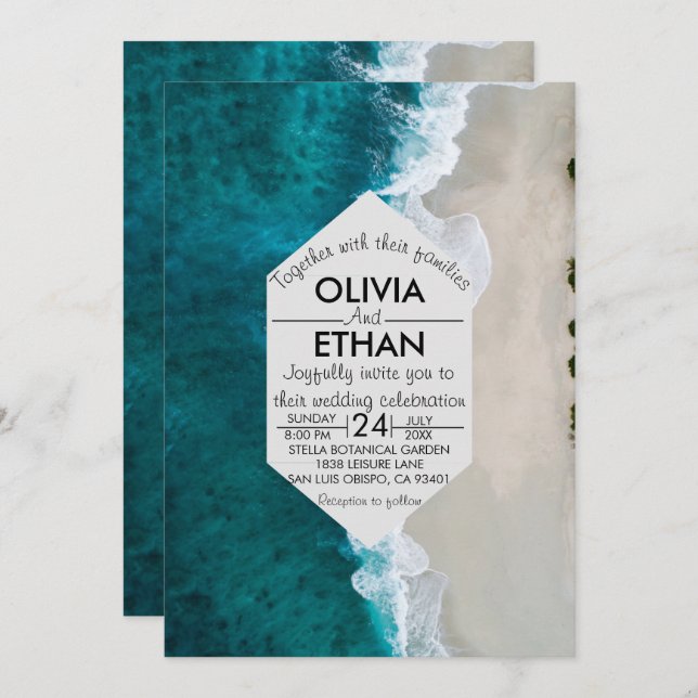 Navy blue waves coastal Wedding Invitation (Front/Back)
