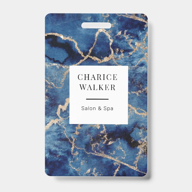 navy blue waves gold ocean salon monogram name ID badge (Front)