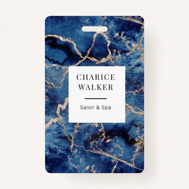 navy blue waves gold ocean salon monogram name ID badge (Front)