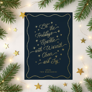 Navy Blue Wavy Border Sparkle Modern Holiday Card