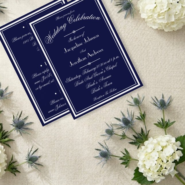 Navy Blue Wedding All In One White Script WS RSVP Invitation (Gorgeous, to set the tone.)