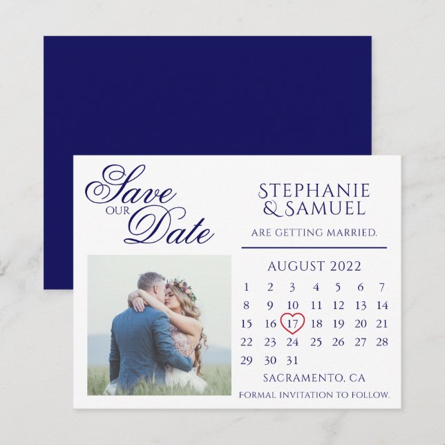 Navy Blue Wedding Calendar Photo Save the Date Mag Invitation (Front/Back)