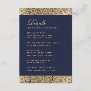 Navy Blue Wedding Details - Vintage Gold Roses Enclosure Card