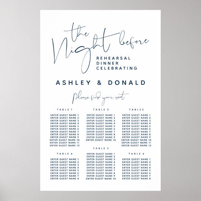 Navy Blue, Wedding Dinner Guest Seating Charts (Front)