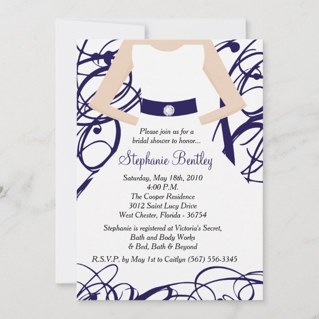 Navy Blue Wedding Dress Bridal Shower Invitation (Front)