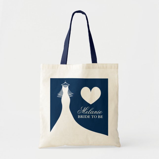 Navy blue wedding dress tote bag for bride to be (Front)