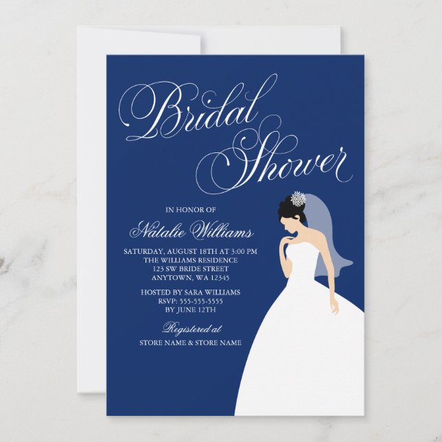 Navy Blue Wedding Gown Bridal Shower Invitation (Front)