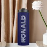 Navy Blue Wedding Groomsman Stylised Name Thermal Tumbler<br><div class="desc">A gift for your wedding groomsman or best man! Keep hot beverages hot and cold beverages cold with this insulated, metal thermal tumbler that is a trendy, navy blue colour along with groomsman's name printed in white, stylised lettering. Edit your thermal tumbler and replace name with your own groomsman's name....</div>