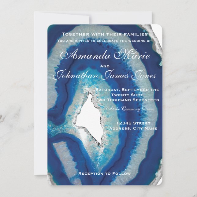 Navy Blue Wedding Invitation | Elegant Agate (Front)