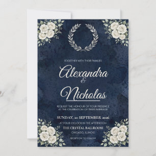 Navy Blue Wedding Invitation, Silver Rose Invitation