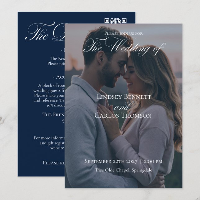 Navy Blue Wedding Invitation with Details QR-code (Front/Back)