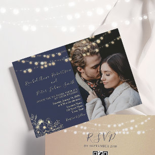 Navy Blue Wedding Invitation with String Lights
