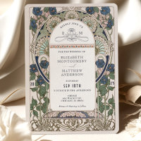 Navy Blue Wedding Invitations Art Nouveau Mucha