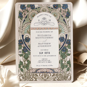Navy Blue Wedding Invitations Art Nouveau Mucha