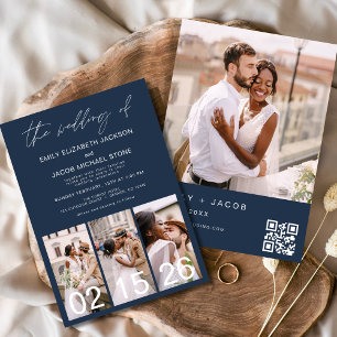 Navy Blue Wedding Minimalist QR code Invitation