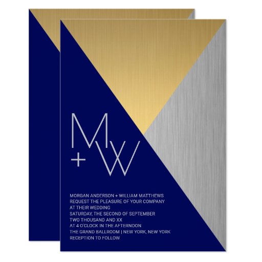Image of Navy Blue Wedding Modern Mixed Metals Geometric Invitation
