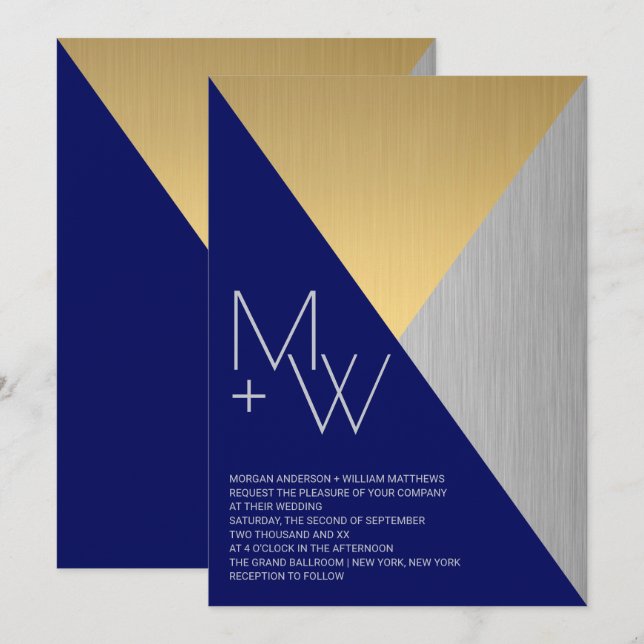Navy Blue Wedding Modern Mixed Metals Geometric Invitation (Front/Back)