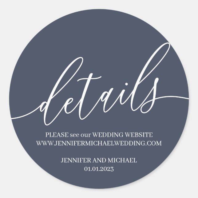 Navy Blue Wedding Modern Signature Details Classic Round Sticker (Front)