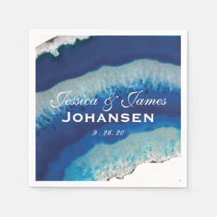 Navy Blue Wedding Monogram Date Agate Napkin