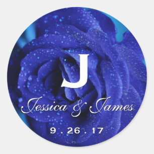 Navy Blue Wedding Monogram Date   Rose Classic Round Sticker