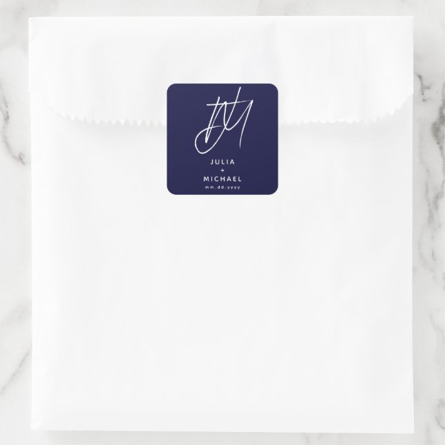 Navy Blue Wedding Monogram Square Sticker (Bag)