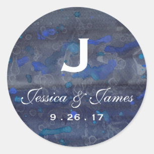 Navy Blue Wedding Monogram Watercolor Classic Round Sticker
