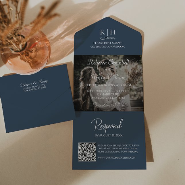 Navy Blue Wedding Photo | Monogram QR Code All In One Invitation (Save money and time. This all-in-one invitation includes a QR code for guests to easily RSVP online.)