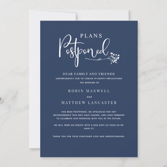 Navy Blue Wedding Postponement Card (Front)