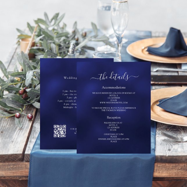 Navy blue wedding program details QR (Creator Uploaded)