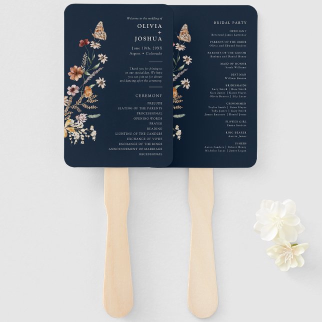 Navy Blue Wedding Program Hand Fan (Navy Blue Floral Wedding Program Hand Fan with Butterfly by Painted Paperie
)