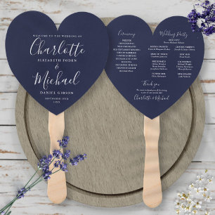 Navy Blue Wedding Program Heart Hand Fan