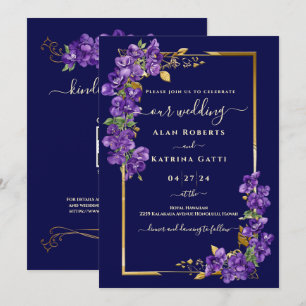 Navy Blue Wedding Purple Violets Gold Frame RSVP Invitation
