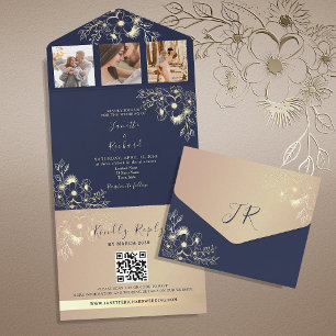 Navy Blue Wedding QR Code  All In One Invitation